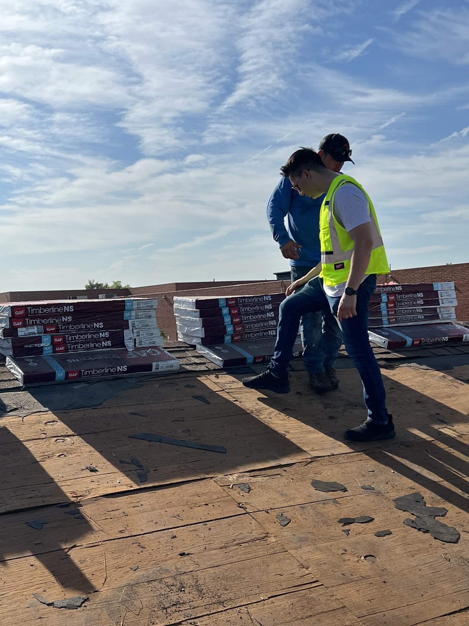 In-progress roofing job