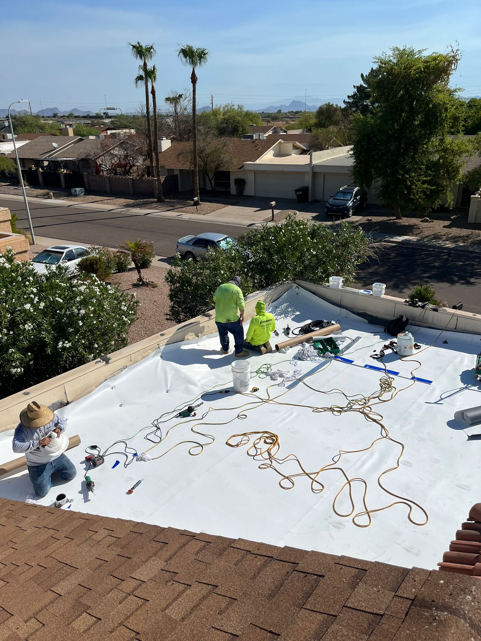 In-progress roofing job